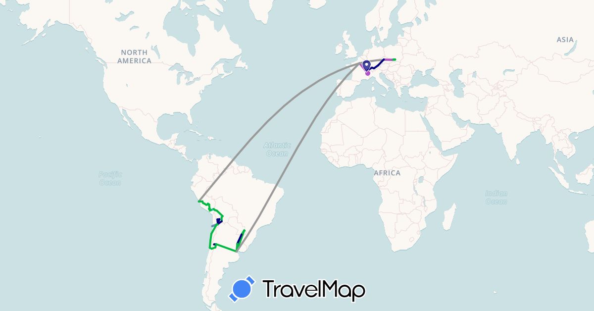 TravelMap itinerary: driving, bus, plane, cycling, train, hiking, boat in Argentina, Bolivia, Switzerland, Chile, Czech Republic, Germany, France, Liechtenstein, Peru, Poland (Europe, South America)